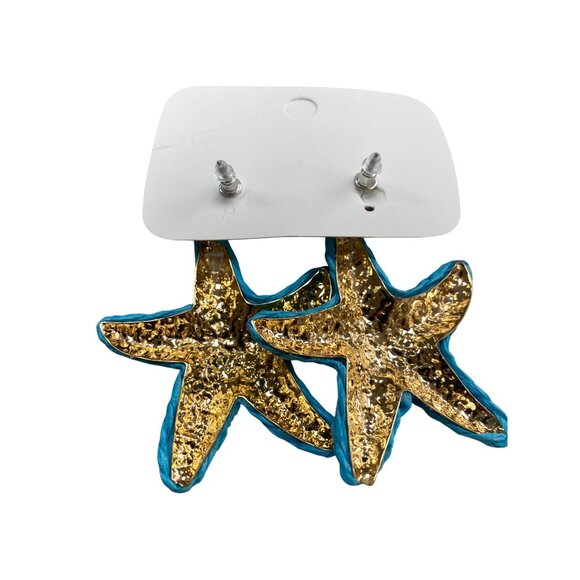 Blue Aqua Raffia Starfish Earrings Beach Pierced Post - Picture 2 of 4